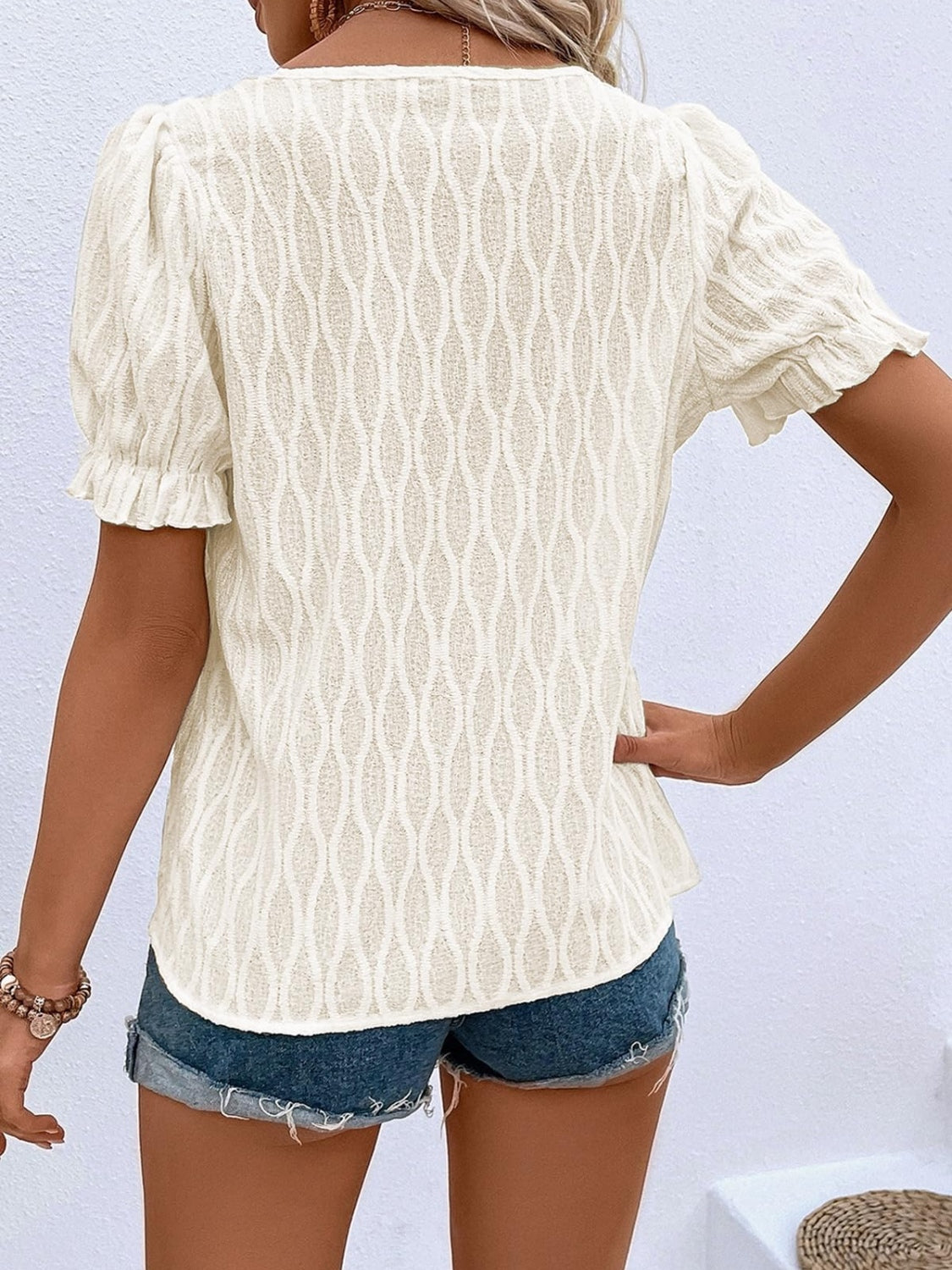 Ruffled Notched Short Sleeve T-Shirt