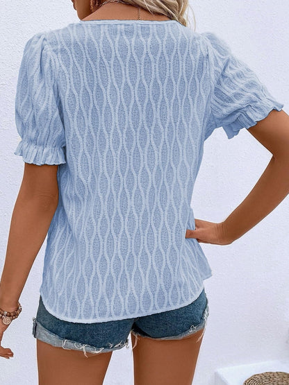 Ruffled Notched Short Sleeve T-Shirt