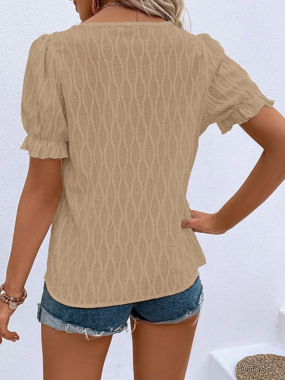 Ruffled Notched Short Sleeve T-Shirt