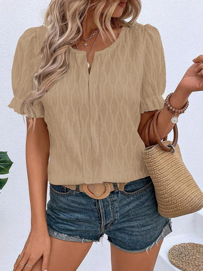 Ruffled Notched Short Sleeve T-Shirt