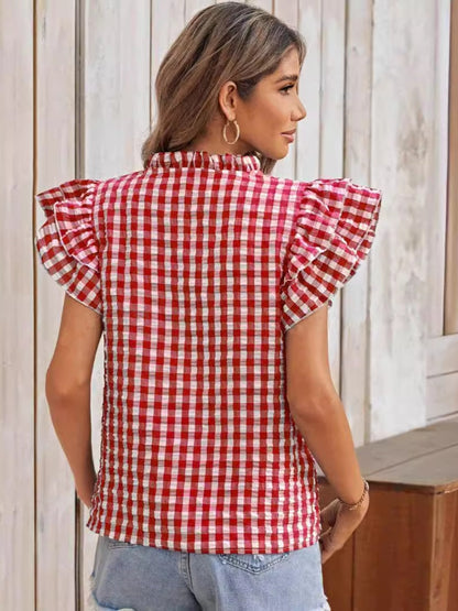 Ruffled Plaid Notched Cap Sleeve Blouse