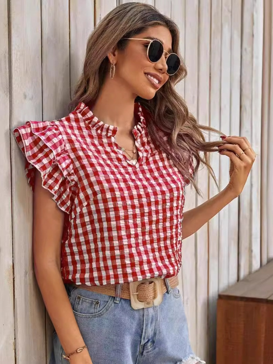 Ruffled Plaid Notched Cap Sleeve Blouse