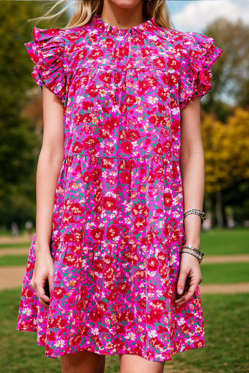 Ruffled Printed Cap Sleeve Mini Dress