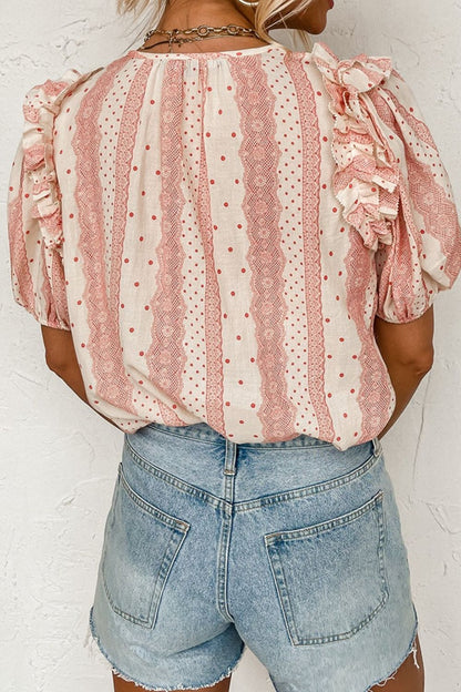 Ruffled Printed Tie Neck Short Sleeve Blouse