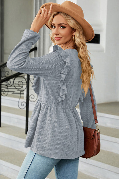 Ruffled Round Neck Balloon Sleeve Blouse