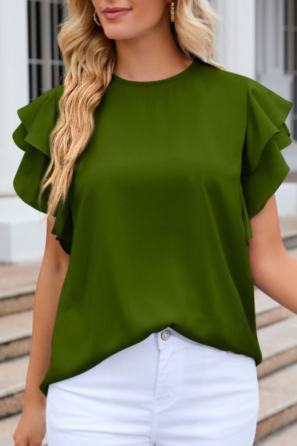 Ruffled Round Neck Cap Sleeve Blouse