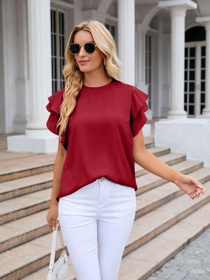 Ruffled Round Neck Cap Sleeve Blouse