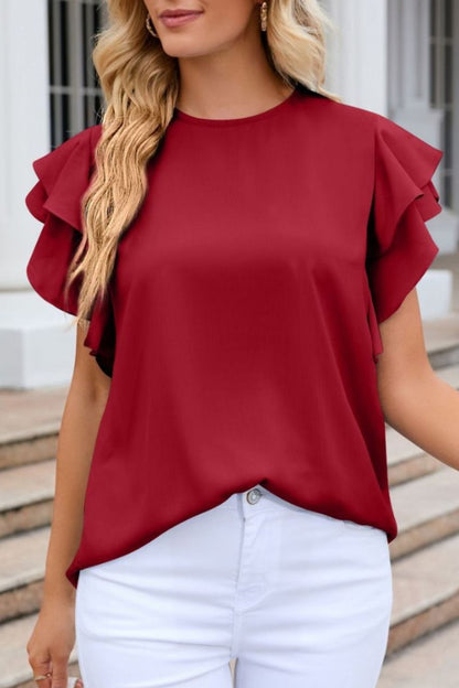 Ruffled Round Neck Cap Sleeve Blouse