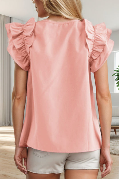 Ruffled Round Neck Cap Sleeve Blouse