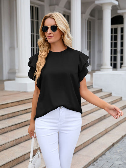 Ruffled Round Neck Cap Sleeve Blouse