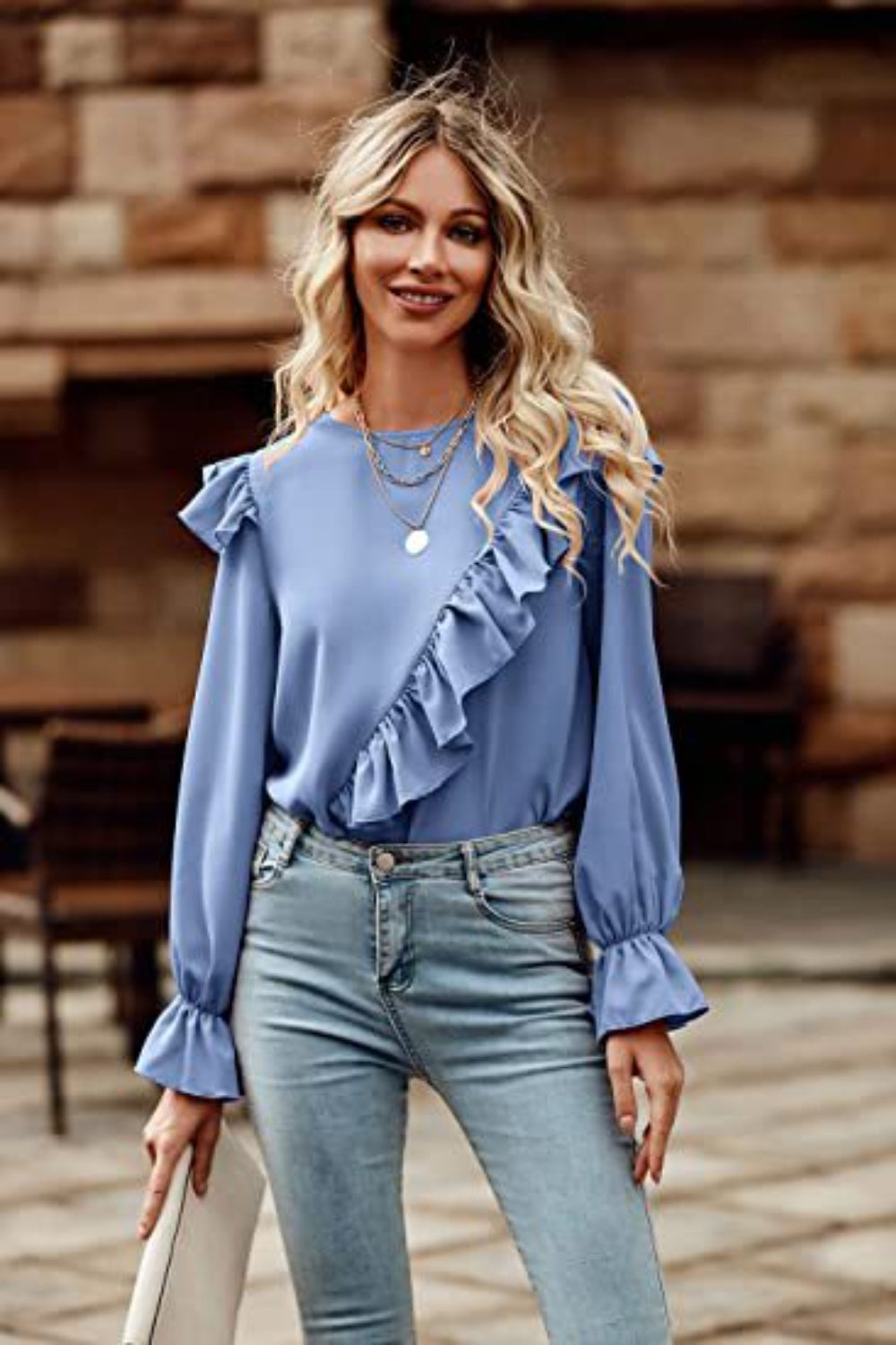 Ruffled Round Neck Long Sleeve Top