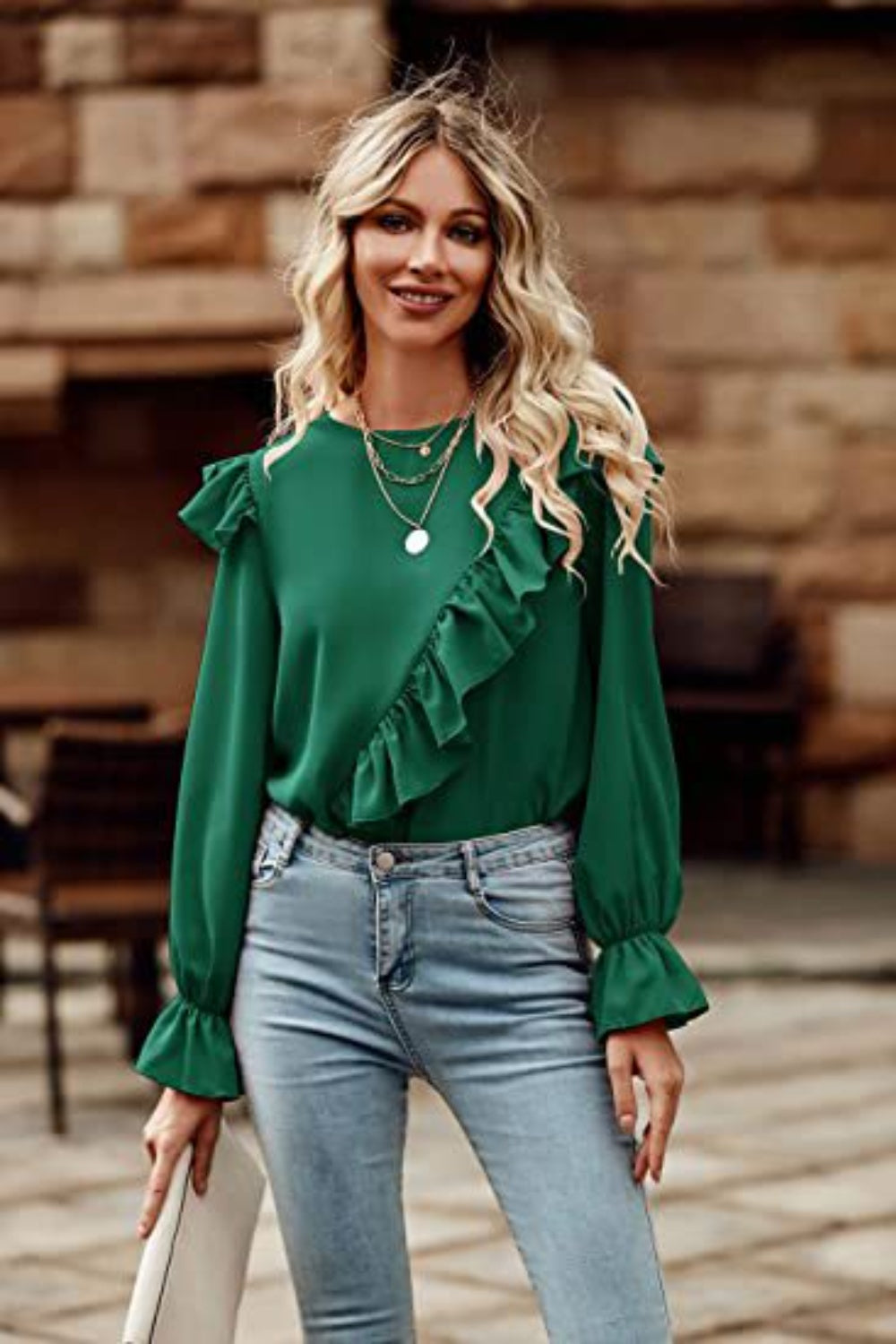 Ruffled Round Neck Long Sleeve Top