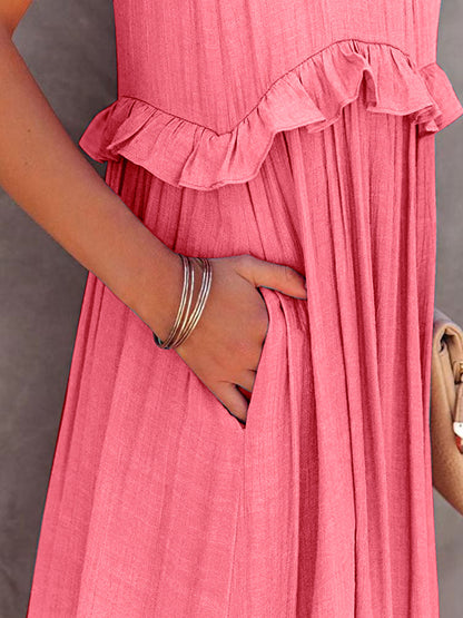 Ruffled Sleeveless Tiered Maxi Dress with Pockets