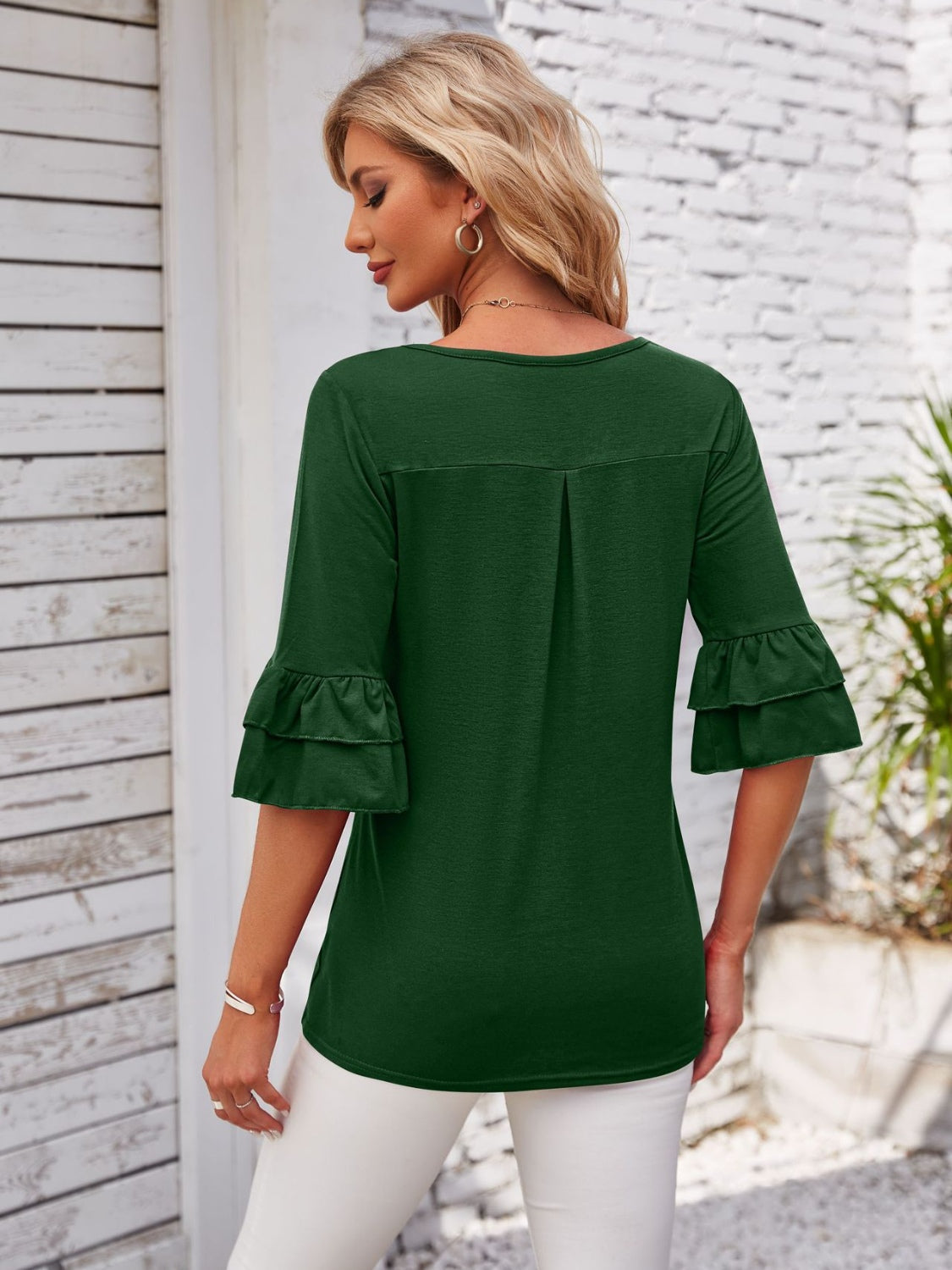 Ruffled Suqare Neck Half Sleeve Blouse