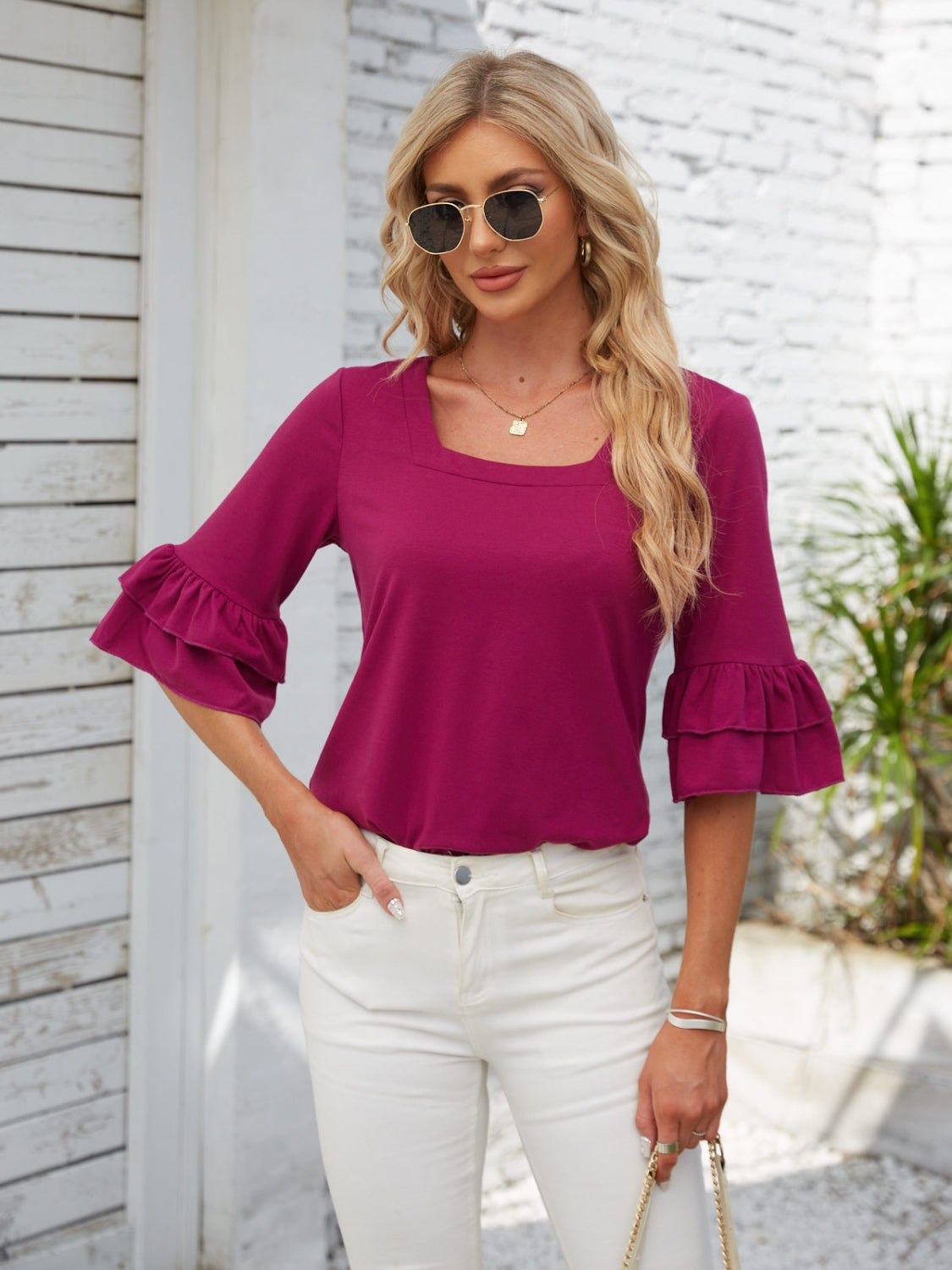 Ruffled Suqare Neck Half Sleeve Blouse