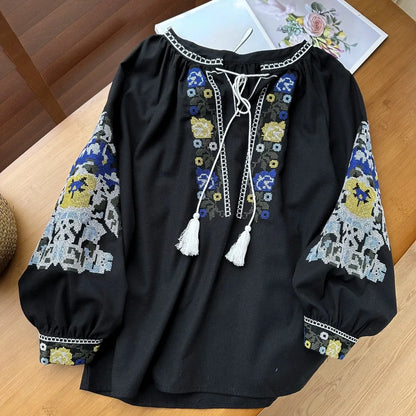 Neploe Fresh O Neck Lantern Sleeve Pullover Panelled Mujer Sweet Lace Up All-match Embroidery Shirt New Heavy Tassels Blouses
