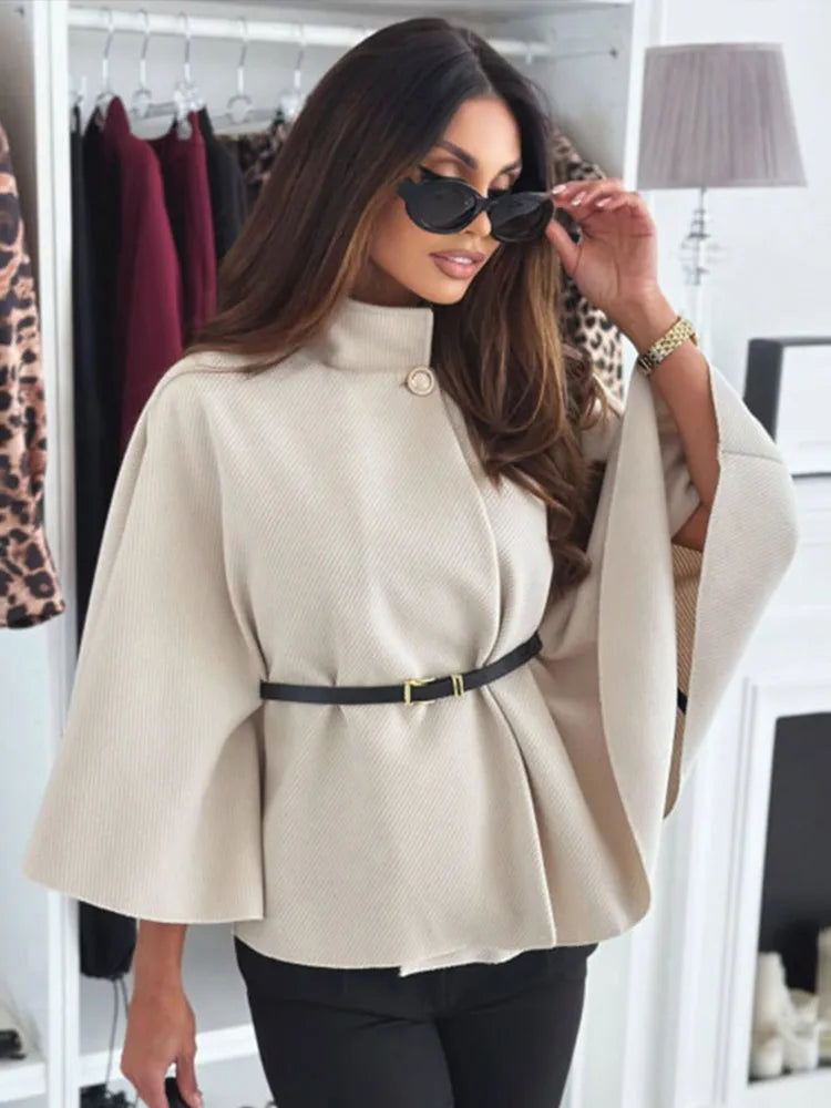 Lady Cloak Cape Woollen Tweed Poncho Thick Autumn Winter Women Single Buckle Batwing Sleeve Coat Elegant Warm Loose Outwear 2024