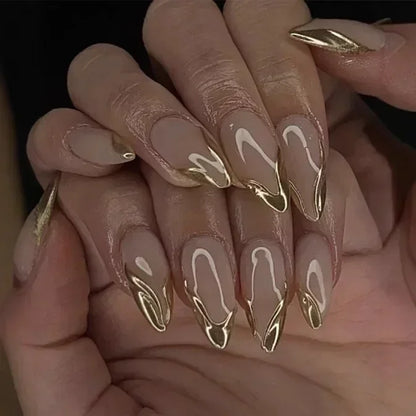 24Pcs French Gold Edge Wearable Almond Press on Fake Nails Simple Pearl Decoration False Nails with Glue Full Over Manicure Tips