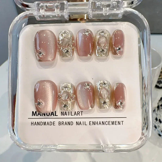 10PCS Pink Cat Eye Handmade Press On Nails Square Head Fake Nails Diamond Designs Full Cover Nail Art Tips Wearable False Nails
