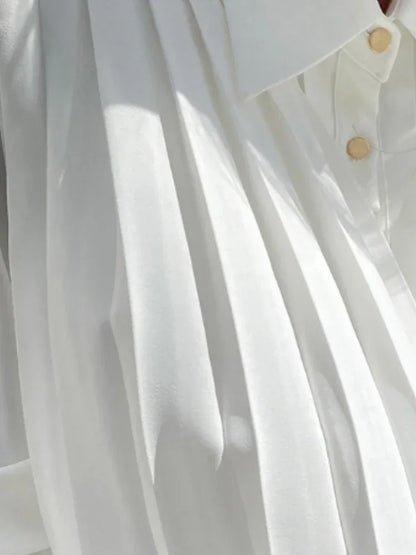 2025 Camisas De Mujer Korean Blouses for Women Temperament Single Breasted White Shirts Crop Tops Autumn Pleated Vintage Blouse
