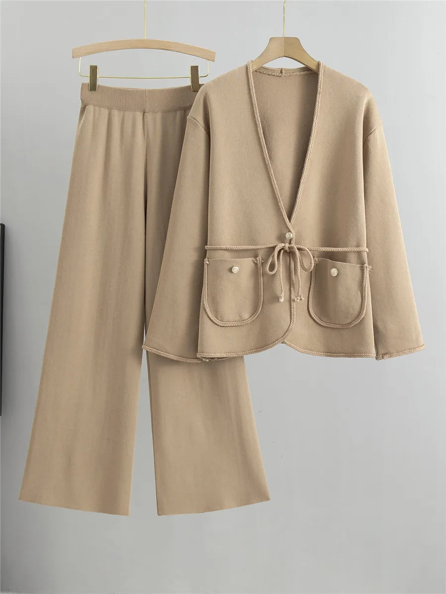 Spring Fall Knit 2 Pieces Sets Women Knitwear V-neck Braid Belt Cardigan Tops Conjuntos Korean High Waist Sweatpants Outfit New