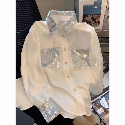 Spring Autumn Fashion Turn-down Collar Long Sleeve Blouses Women's Clothing French Style Sequined Button Trend All-match Shirts