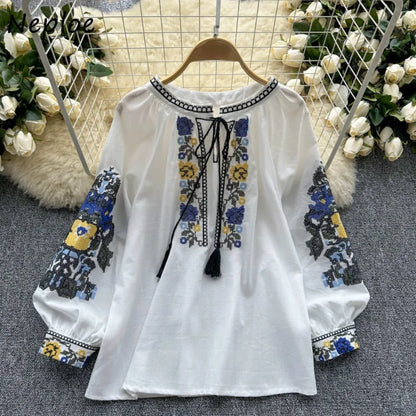 Neploe Fresh O Neck Lantern Sleeve Pullover Panelled Mujer Sweet Lace Up All-match Embroidery Shirt New Heavy Tassels Blouses