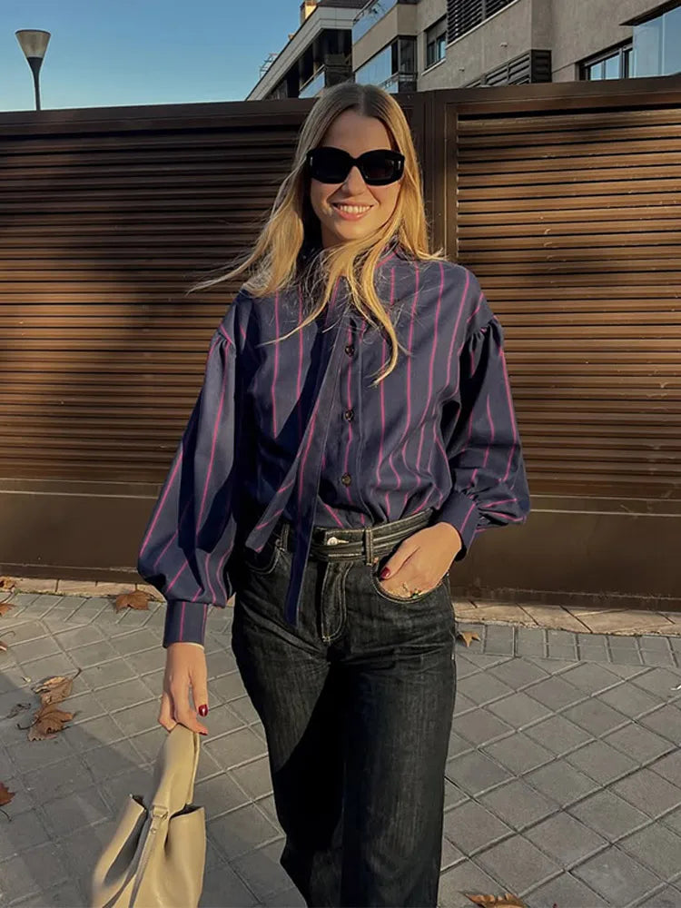 Striped Women Casual Lace Up Blouse Fashion O Neck Long Sleeve Single-breasted Loose Shirt 2025 Spring New Female Commuting Tops
