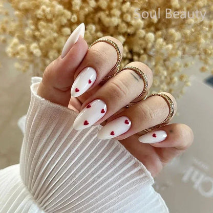 24Pcs Strawberry Press on Nails 3D Heart Pearl Decorated Fake Nail Art Removable Waterproof Artificial Wearable False Nails Tips