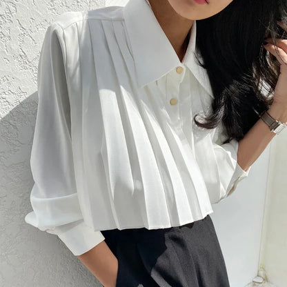 2025 Camisas De Mujer Korean Blouses for Women Temperament Single Breasted White Shirts Crop Tops Autumn Pleated Vintage Blouse