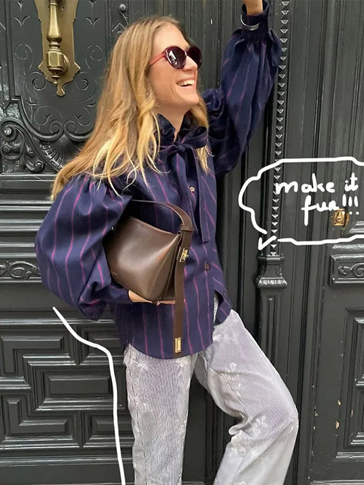 Striped Women Casual Lace Up Blouse Fashion O Neck Long Sleeve Single-breasted Loose Shirt 2025 Spring New Female Commuting Tops