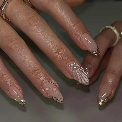 24Pcs French Gold Edge Wearable Almond Press on Fake Nails Simple Pearl Decoration False Nails with Glue Full Over Manicure Tips