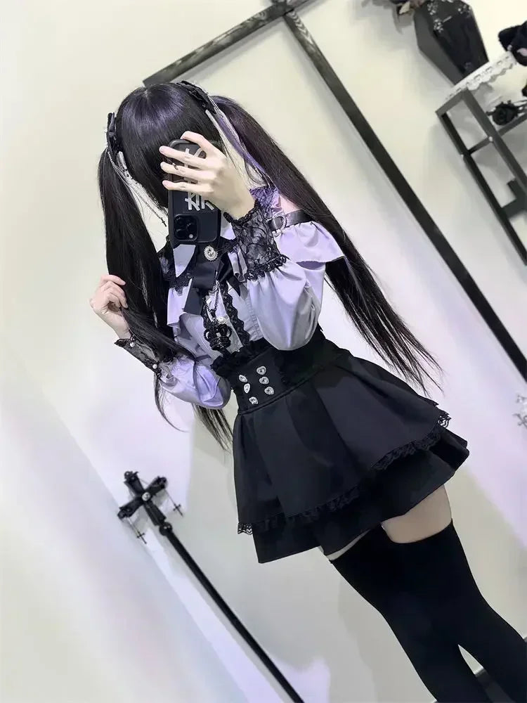 Lapel Neck Off Shoulder Long Sleeve Shirts Women+ Y2k High Waist Ruched Lace Skirts 2025 Early Autumn New Two Piece Sets