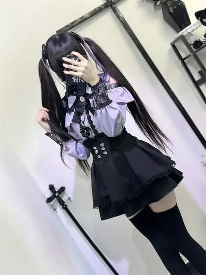 Lapel Neck Off Shoulder Long Sleeve Shirts Women+ Y2k High Waist Ruched Lace Skirts 2025 Early Autumn New Two Piece Sets