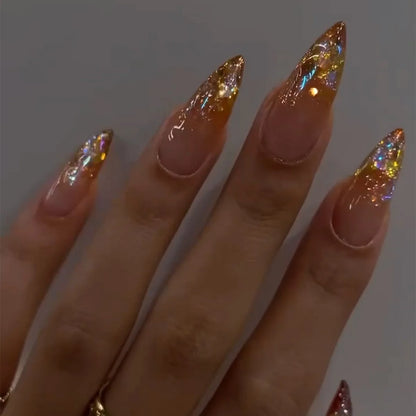 24Pcs Simple French Fake Nails with Almond Head Design Detachable 3D Irregular Star Pattern Press on False Nails Manicure Tools