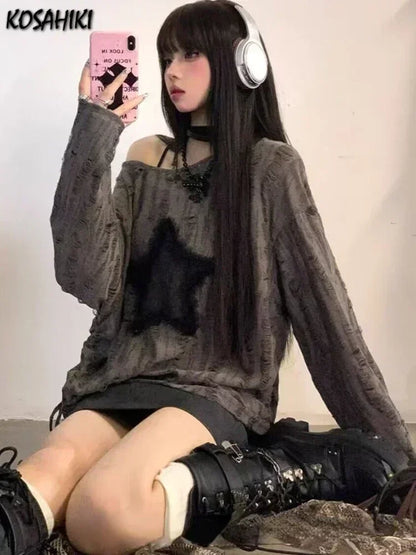Grunge Hole T-shirt Women Fashion Star Print Y2k Aesthetic Loose Tees Kpop Fairycore Ripped Tshirt Harajuku Gothic Streetwear