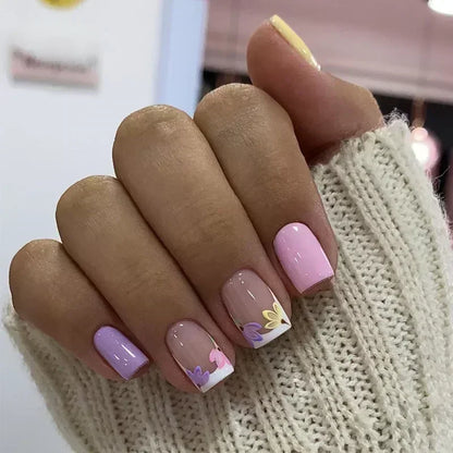 24Pcs French Tip  Press on Nails Short Coffin False Nails Simple Wearable Fake Nails Frosted Full Cover Press on Nail Tips Art