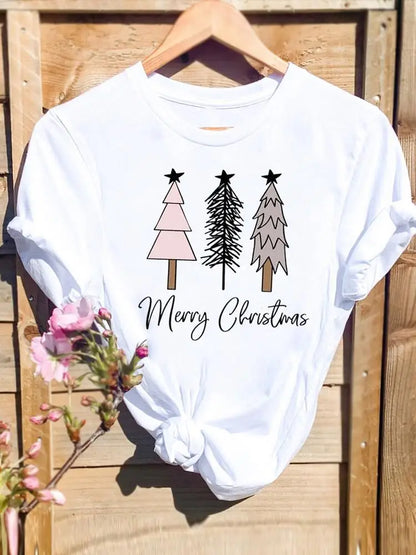 Merry Christmas New Year Holiday Graphic T Tee Fashion Cat Tree Lovely 90s Cute 2025 Print T Top Women Shirt Clothing T-shirts