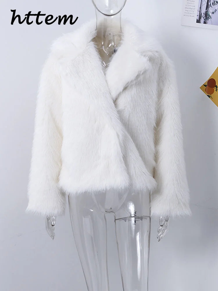 Street Women's White Faux Fur Coat Loose Lapel Long Sleeve Female Furry Jacket 2024 Autumn Winter Lady Luxury Plush Overcoat New