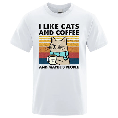 I Like Cats And Coffee Street Funny T-Shirt For Men Fashion Casual Loose Cotton Clothing Crewneck Breathable Tshirt Hip Hop Tees