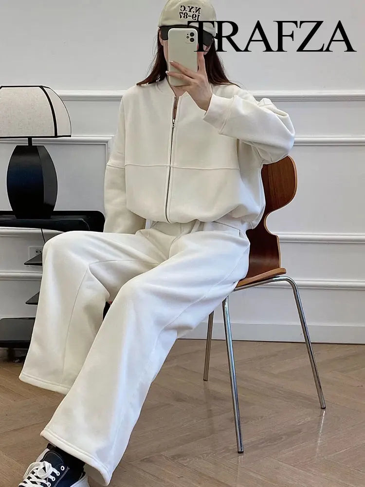 TRAFZA Women's 2-piece Retro Solid Color Zipper Bomber Jacket Sweatshirt + High-waisted Lace-up Women's Loose Velvet Pants Suit