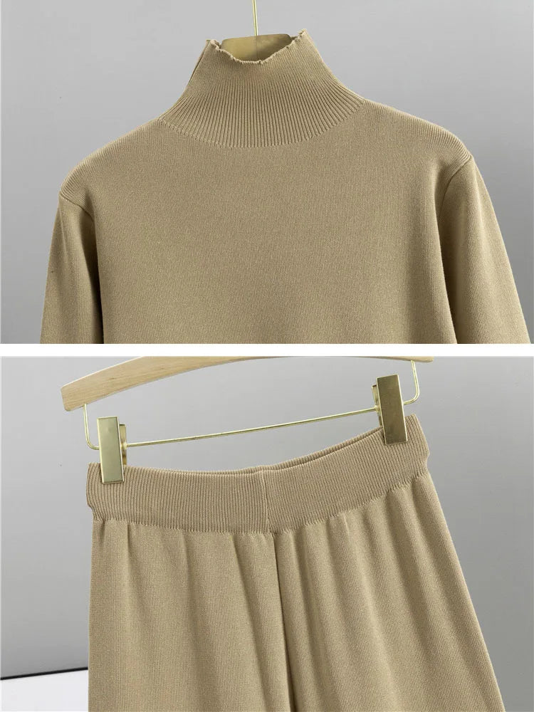 Elegant Chic Knitted 3 Piece Sets Women Solid Turtleneck Sweater Knitwears Shawl Suits Casual High Waist Sweatpants Setleri New
