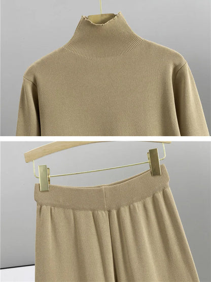 Elegant Chic Knitted 3 Piece Sets Women Solid Turtleneck Sweater Knitwears Shawl Suits Casual High Waist Sweatpants Setleri New