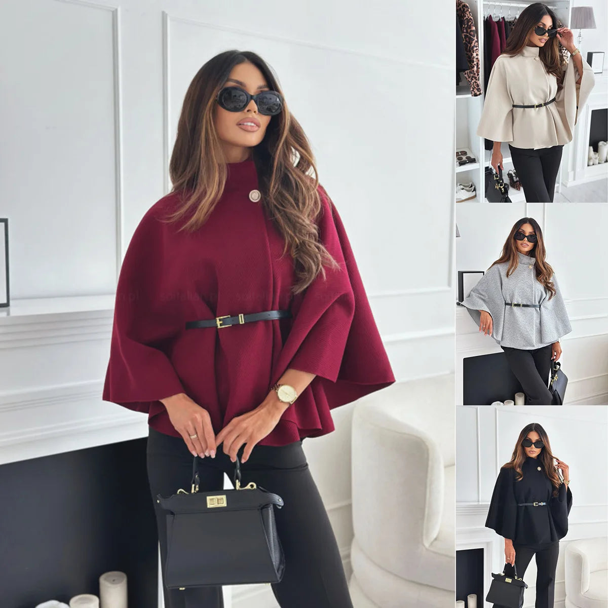 Fashion Woolen Cape Jacket Women Casual Solid Color Loose Batwing Long Sleeves Belt Coat Female Temperament Autumn Winter New