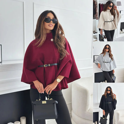 Fashion Woolen Cape Jacket Women Casual Solid Color Loose Batwing Long Sleeves Belt Coat Female Temperament Autumn Winter New