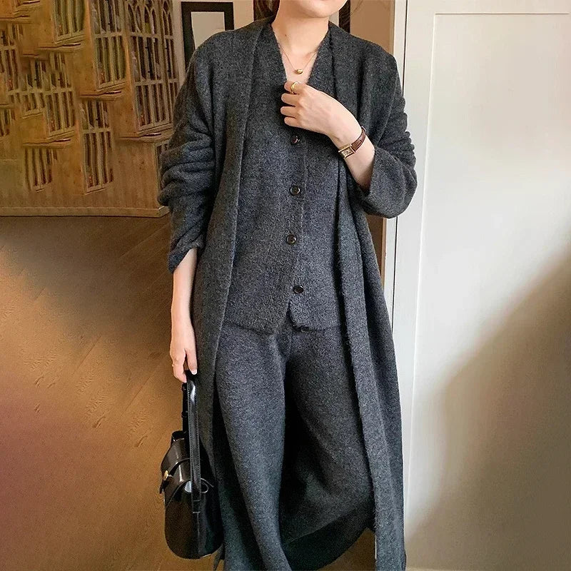 Thick Knited 3 Piece Sets Elegant Women Long Sleeve Sweater Coat+Single Breasted Knit Vest+Trousers 2024 Autumn Winter New
