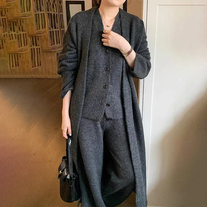 Thick Knited 3 Piece Sets Elegant Women Long Sleeve Sweater Coat+Single Breasted Knit Vest+Trousers 2024 Autumn Winter New
