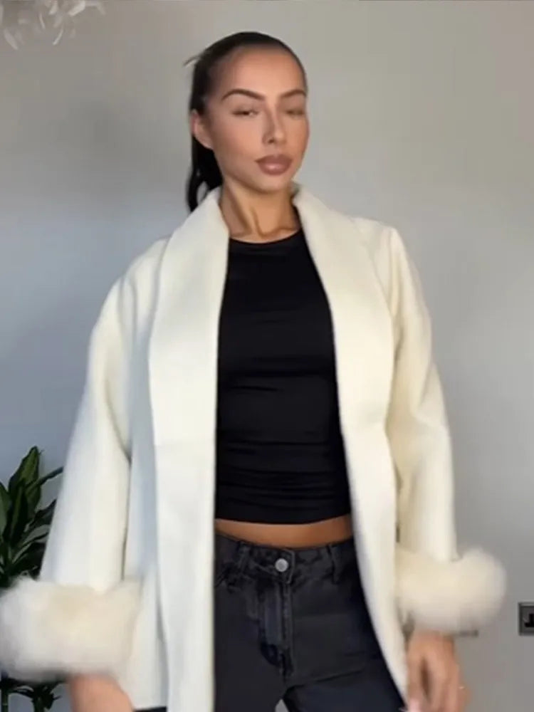 Elegant White Detachable Faux Fur Cuffs Woolen Coat Women Fashion Lapel Belt Long Sleeve Warm Jacket Autumn Lady Street Outwear