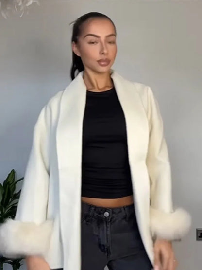 Elegant White Detachable Faux Fur Cuffs Woolen Coat Women Fashion Lapel Belt Long Sleeve Warm Jacket Autumn Lady Street Outwear
