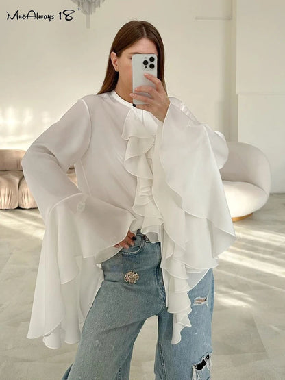 Mnealways18 Chiffon White Ruffled Shirts For Women Flare Sleeve Oversize Laminated Flounces Elegant Blouses And Tops Spring 2024